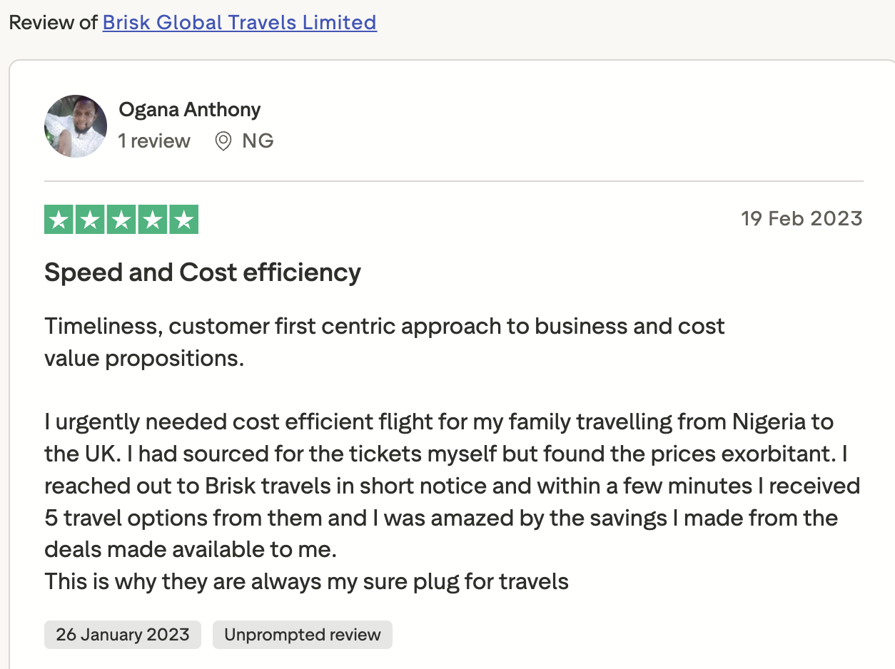 Brisk Travels Trustpilot review